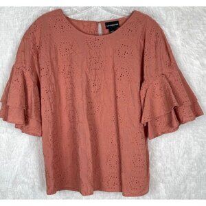 Liz Claiborne Large Flowy Short Sleeve Shirt Embroidered Floral Design Peach